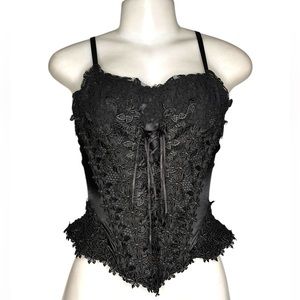 Vintage 90’s Black Lace Corset Top with Floral Embroidery Size Small